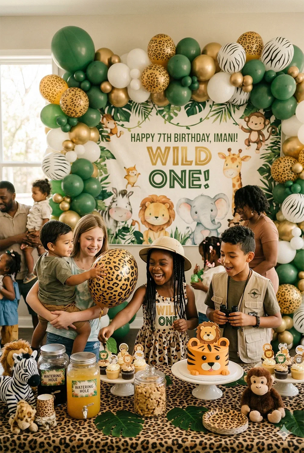 Children of different ages enjoying themed birthday parties with custom backdrops and balloons