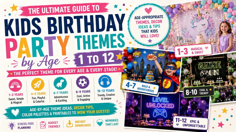 Children of different ages enjoying themed birthday parties with custom backdrops and balloons