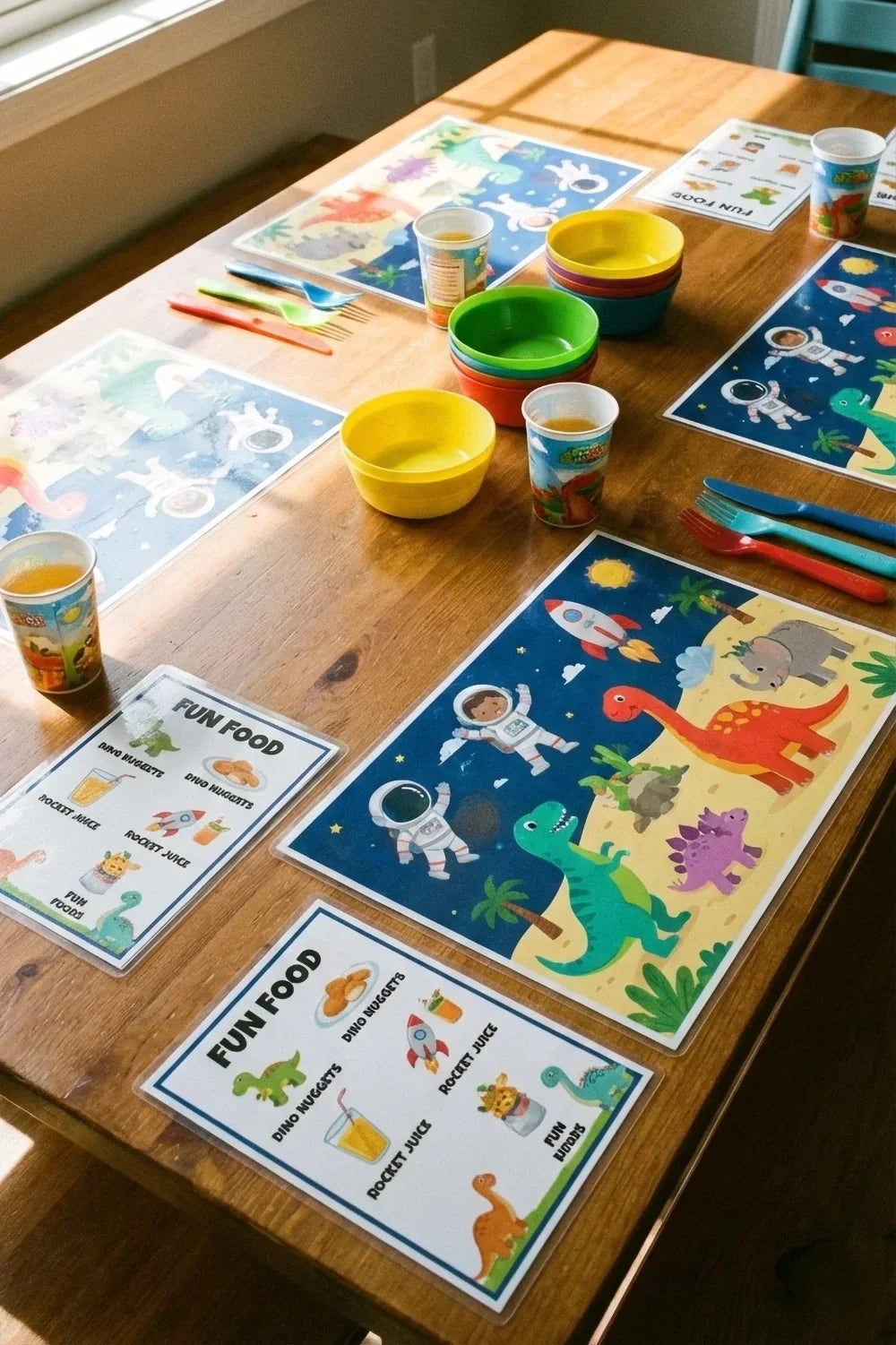 Laminated kids placemats and party menus on a table