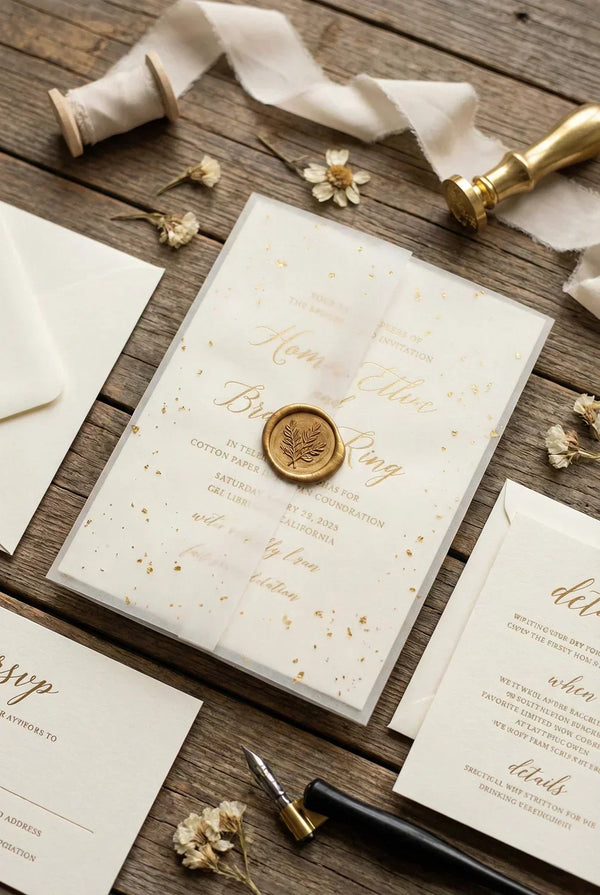 Luxury DIY invitation suite with vellum wrap and gold wax seal
