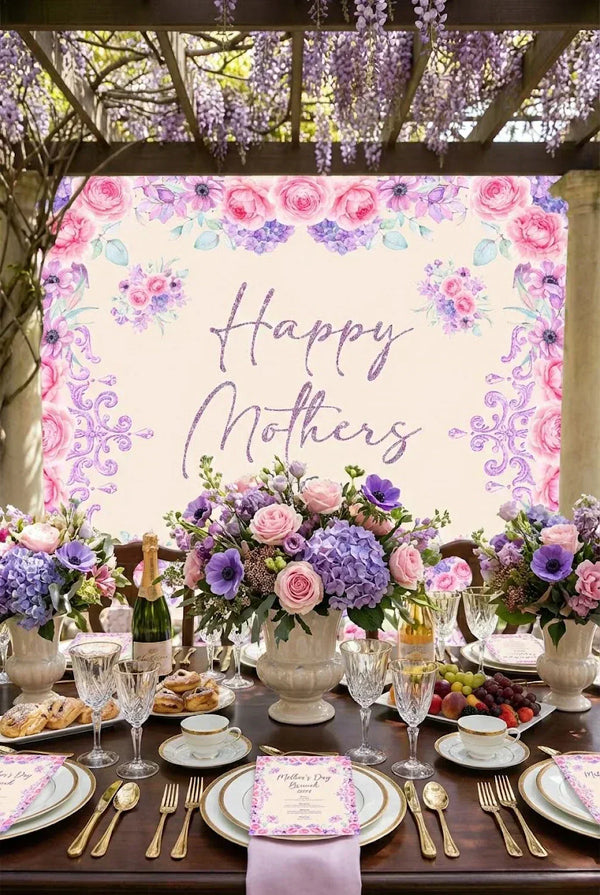 Luxury Mother's Day brunch table setting with floral centerpieces and custom printed menus