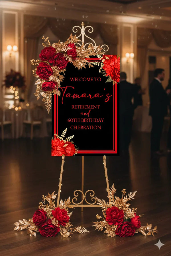 Mounted welcome sign on a gold easel with floral decor