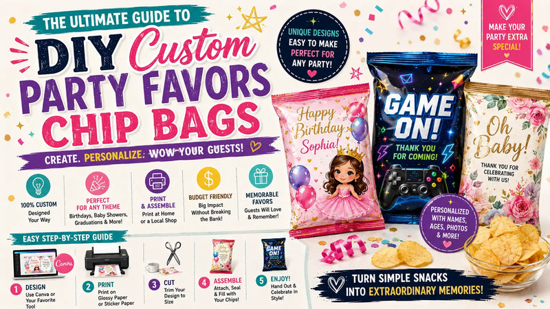 Custom printed chip bags, water bottle labels and chocolate wrappers arranged on a party table
