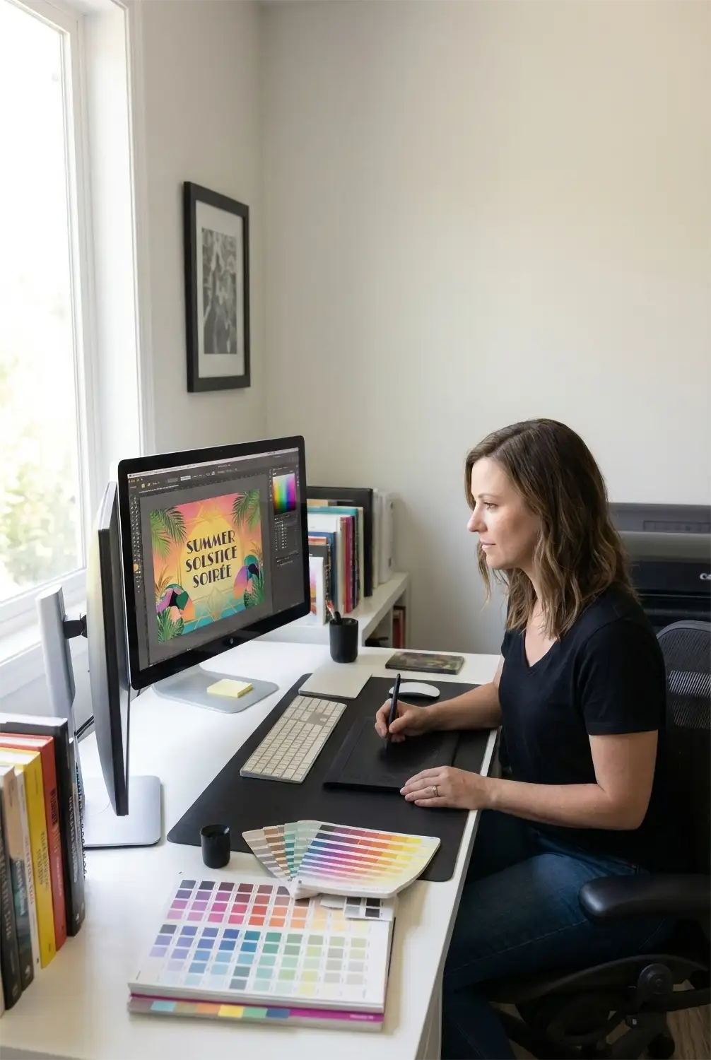 Professional designer editing a custom party backdrop on a computer