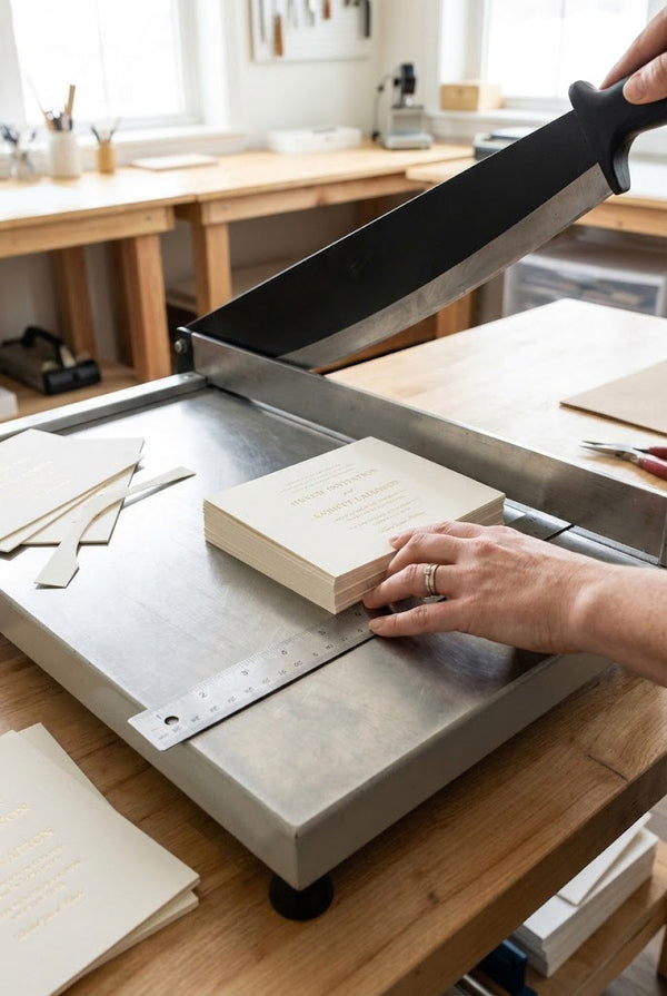 Professional paper trimmer cutting invitations straight