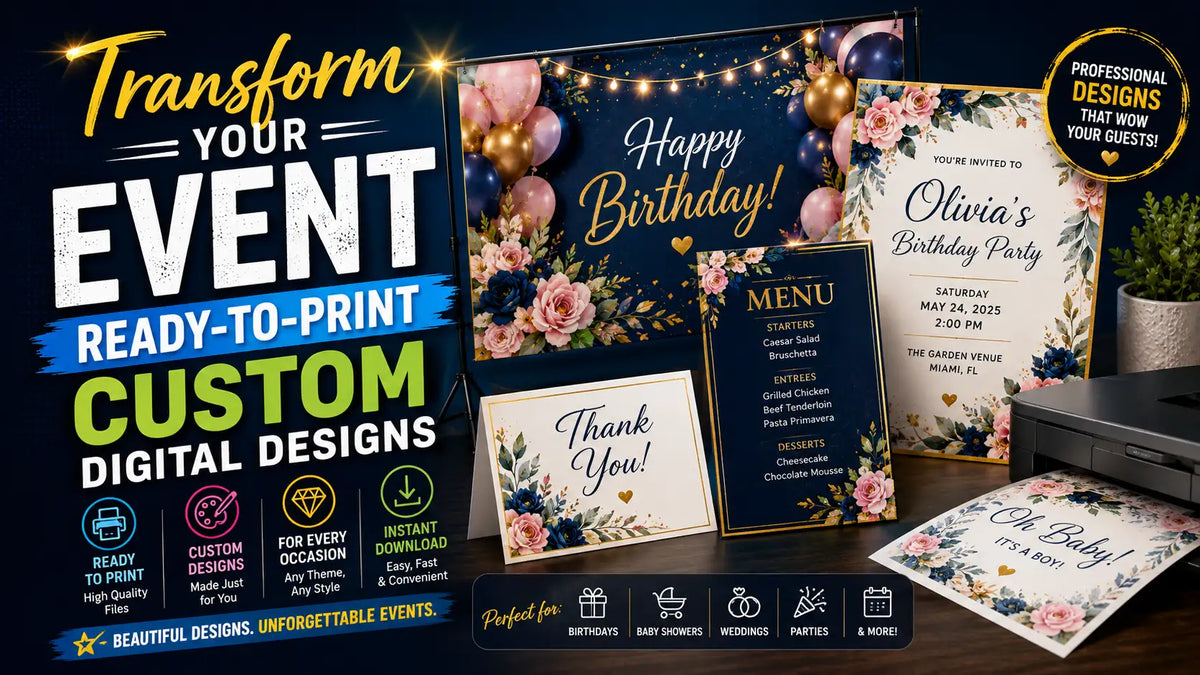 Example of a coordinated printable party suite with invitation and decor.