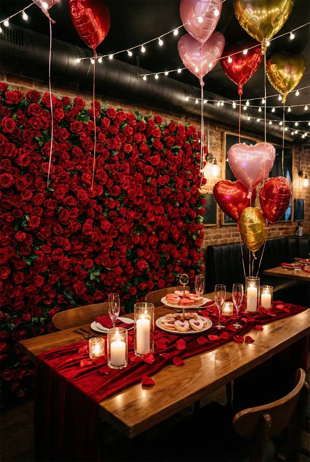 Romantic Valentine's Day party setup with red rose backdrop