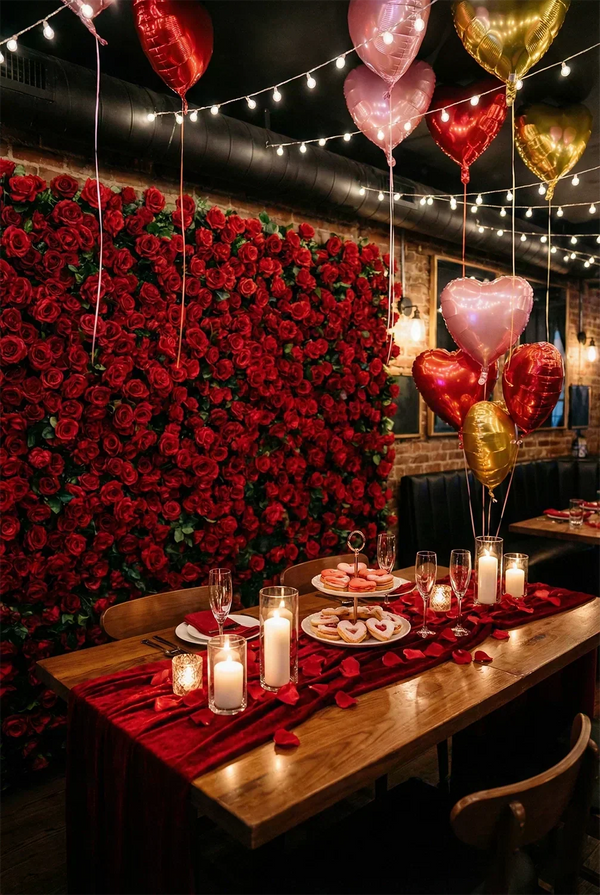 Romantic Valentine's Day party setup with red rose backdrop