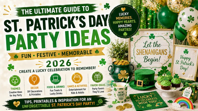 St. Patrick's Day party table setup with green and gold decorations and lucky cupcake toppers