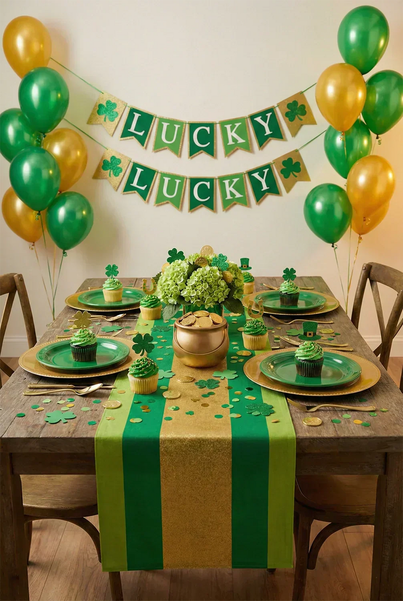 St. Patrick's Day party table setup with green and gold decorations and lucky cupcake toppers