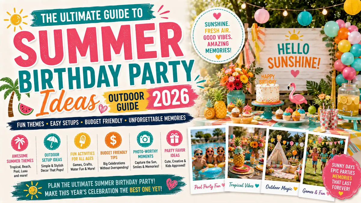 Bright and colorful outdoor summer birthday party setup by a pool with custom tropical backdrop