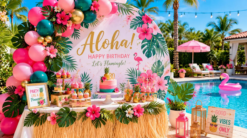 Bright and colorful outdoor summer birthday party setup by a pool with custom tropical backdrop