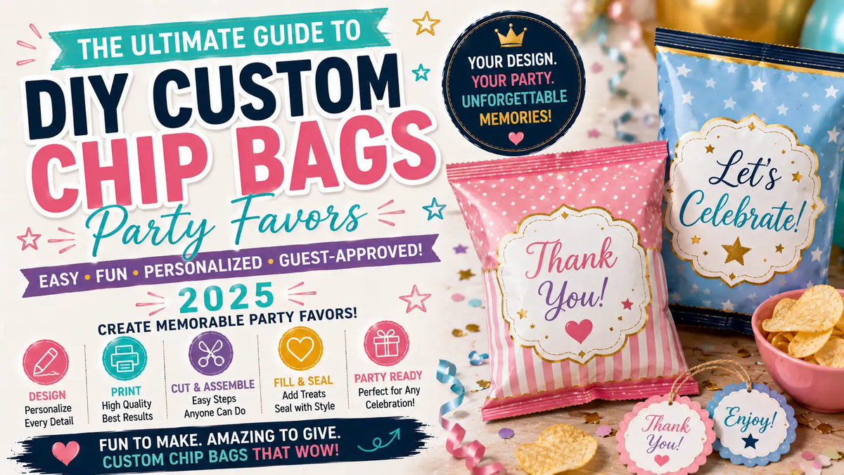 Custom chip bags and party favors on a dessert table
