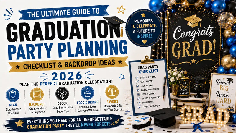 Happy graduation party setup with black and gold balloons and a custom backdrop