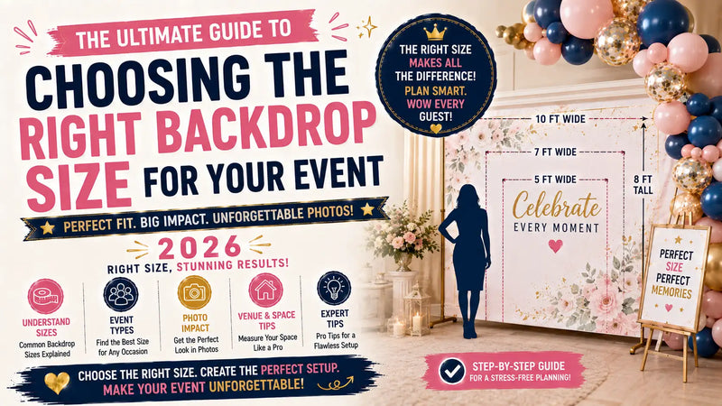 Comparison chart of small, medium, and large backdrops in a party setting