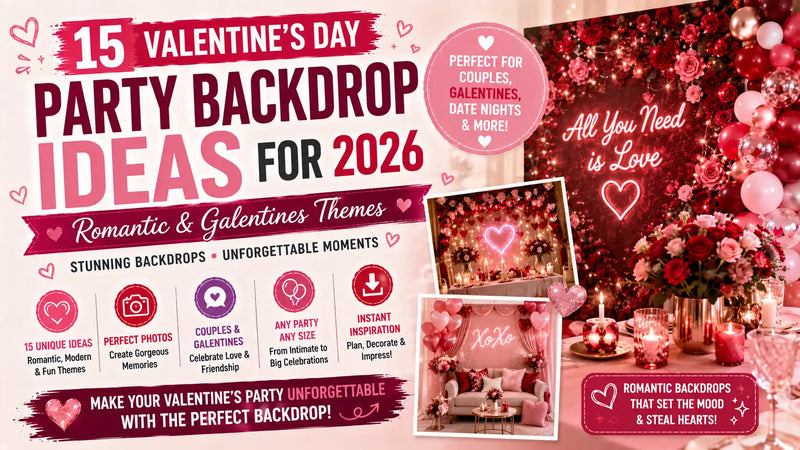 Romantic Valentine's Day party setup with red rose backdrop