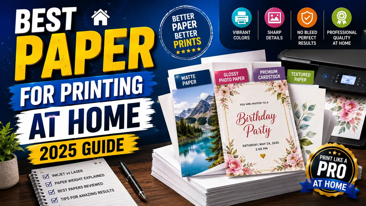 Different paper types laid out: glossy, satin, matte and cardstock