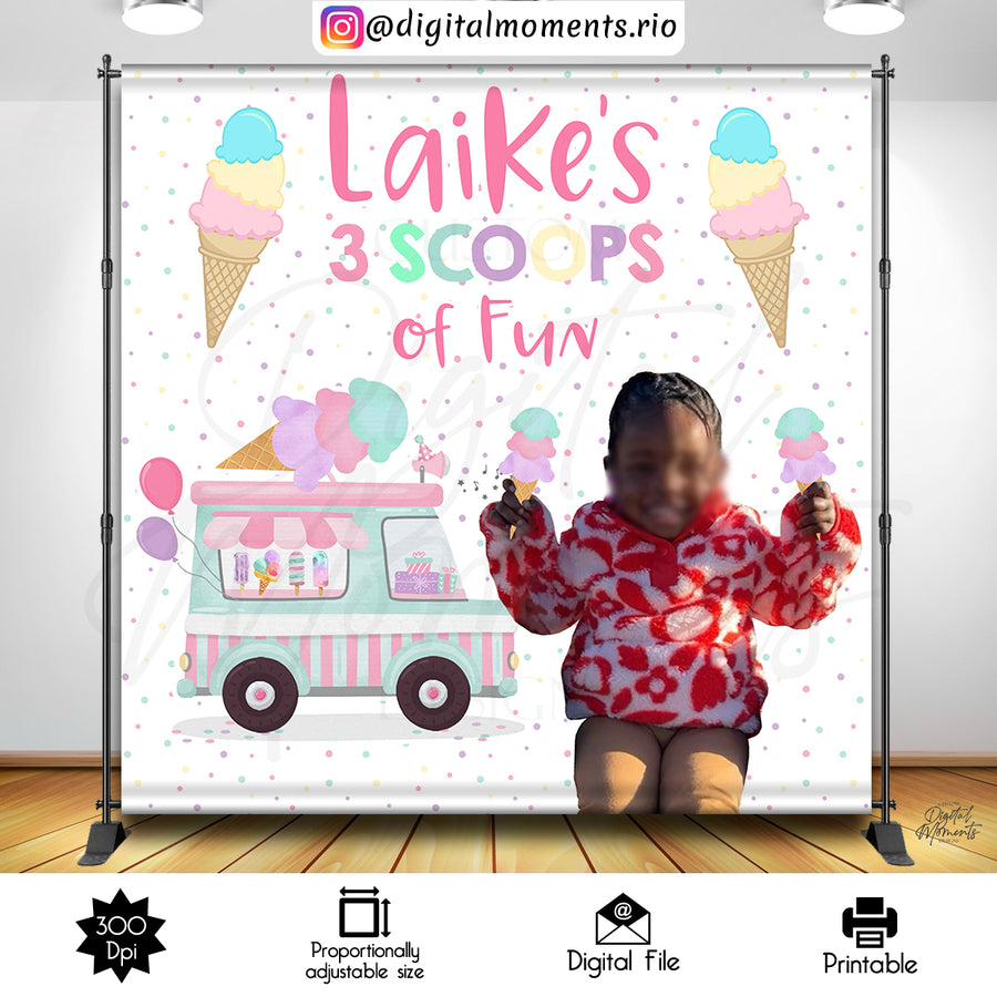 3 Scoops 8x8 Custom Backdrop with 1 picture, Digital file only | Custom Digital Download for Kids Party or Event