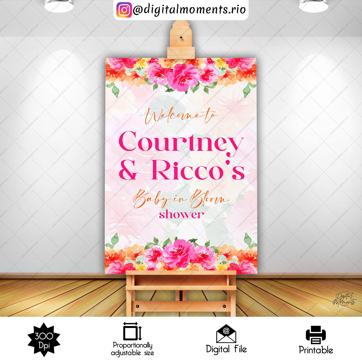 Baby In Bloom Sign 24x36, orange, welcome, events, pink, custom, 24x36, floral, sign, design