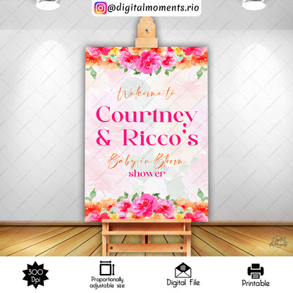 Baby In Bloom Sign 24x36, orange, welcome, events, pink, custom, 24x36, floral, sign, design