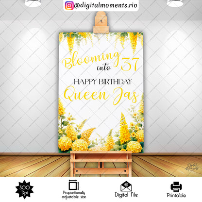 Blooming Into 24x36, events, welcome, custom, floral, 24x36, yellow, sign, design