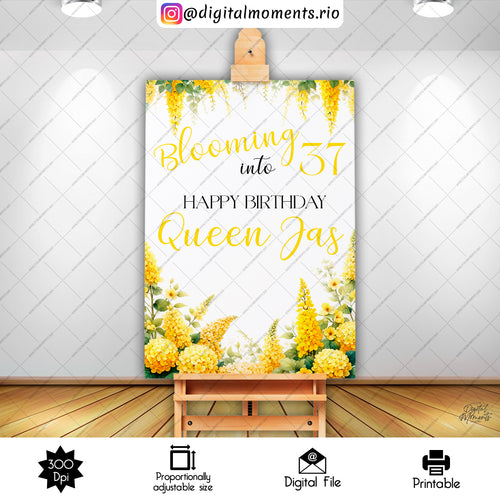 Blooming Into 24x36, events, welcome, custom, floral, 24x36, yellow, sign, design