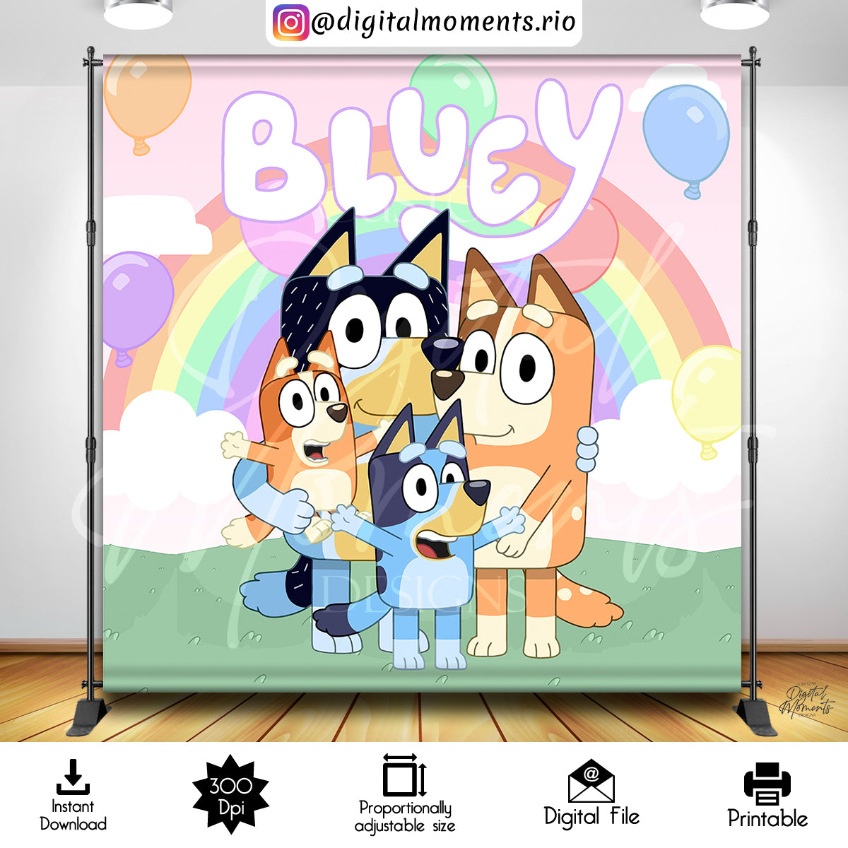 Diseño de fondo digital Bluey 8x8, descarga instantánea