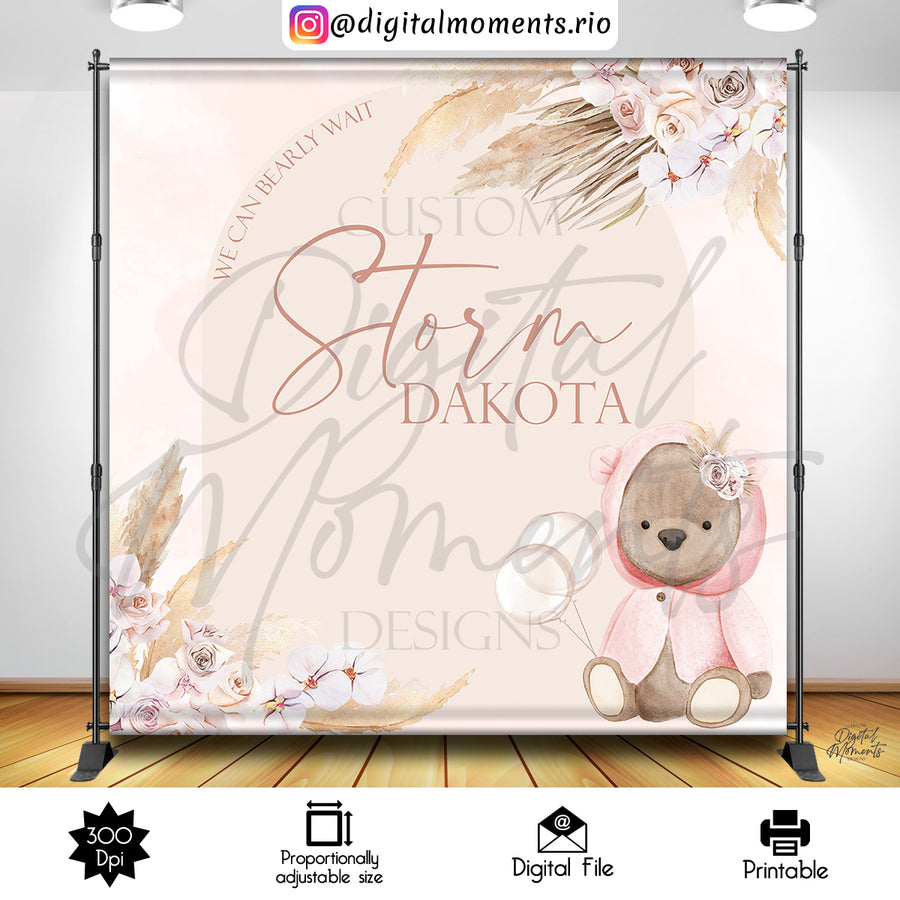 Boho Teddy Bear 8x8 Custom Backdrop Design, Digital file only | Custom Digital Download for Kids Party or Event
