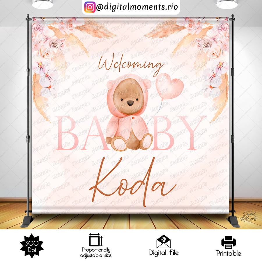 Boho Teddy Bear Baby Shower 8x8 Custom Backdrop with picture, Digital file only | Custom Digital Download for Kids Party or Event