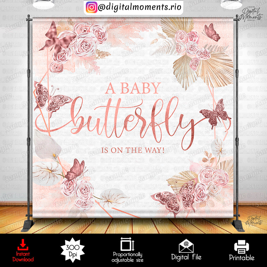 Butterfly 8x8 Baby Shower Digital Backdrop Design, Instan...