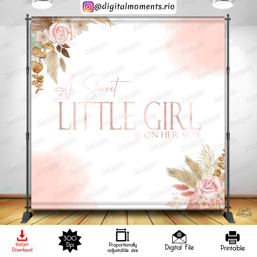 A Sweet Little Girl is on Her Way Boho 8x8 Digital Backdrop Design, Instant Download | Custom Digital Download for Kids Party or Event