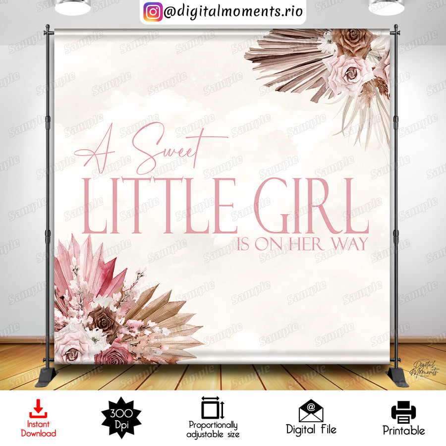 A Sweet Little Girl is on Her Way Boho 8x8 Digital Backdrop Design, Instant Download | Custom Digital Download for Kids Party or Event