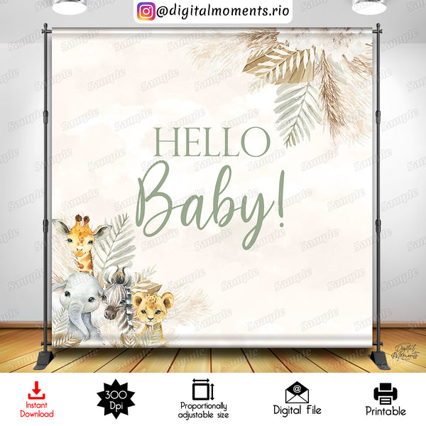 Hello Baby! Boho Safari 8x8 Digital Backdrop Design, Instant Download | Custom Digital Download for Kids Party or Event