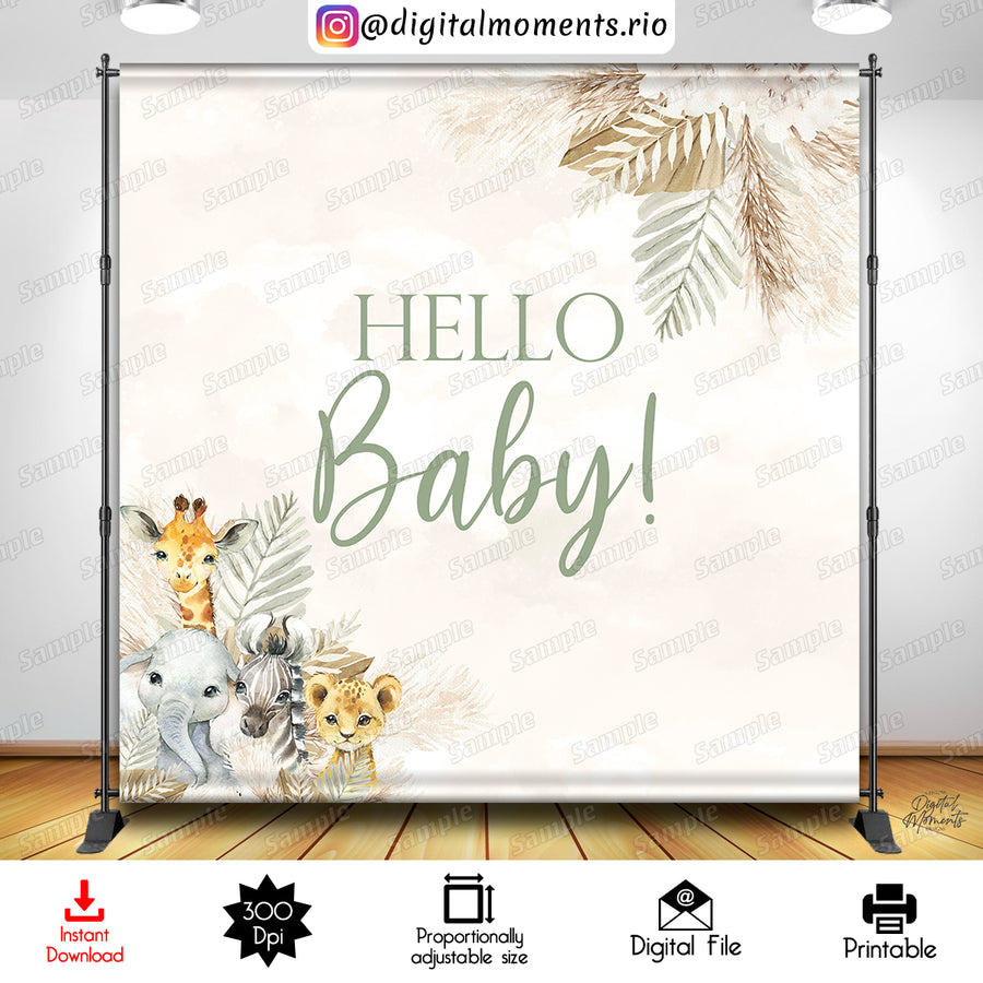 Hello Baby! Boho Safari 8x8 Digital Backdrop Design, Instant Download | Custom Digital Download for Kids Party or Event