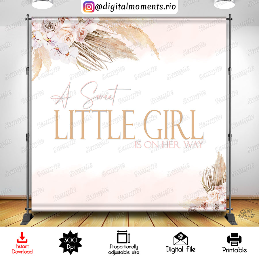 A Sweet Little Girl is on Her Way Boho 8x8 Digital Backdrop Design, Instant Download | Custom Digital Download for Kids Party or Event