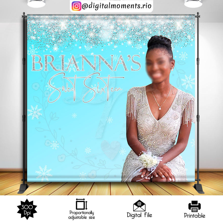 Winter Wonderland Sweet Sixteen 8x8 Custom Backdrop with 1 picture, DIGITAL FILE ONLY | Custom Digital Download for Kids Party or Event