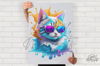 Cat with sunglasses Poster, Splash Art, Wall Art - INSTANT DOWNLOAD