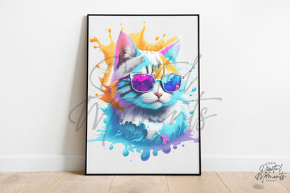 Cat with sunglasses Poster, Splash Art, Wall Art - INSTANT DOWNLOAD