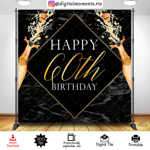 Champagne Black Gold 60 8x8 Instant, champagne, events, birthday, bash, 60th, 8x8, backdrop, design, instant