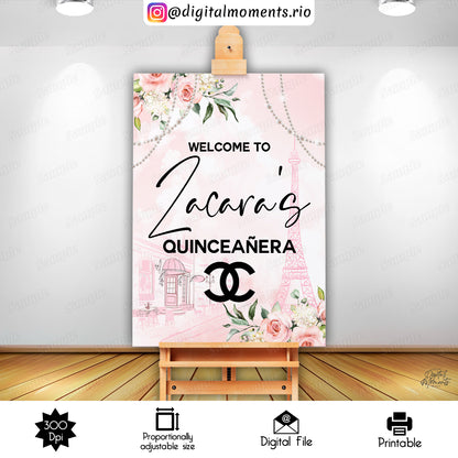 Chanel Zacara Sign 18x24, events, welcome, custom, floral, 24x36, sign, , design, paris