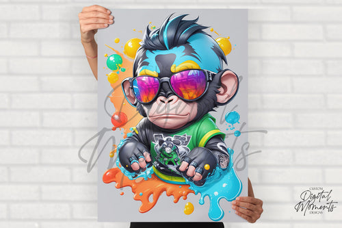 Baby Chimp with sunglasses Poster, Splash Art, Wall Art - INSTANT DOWNLOAD