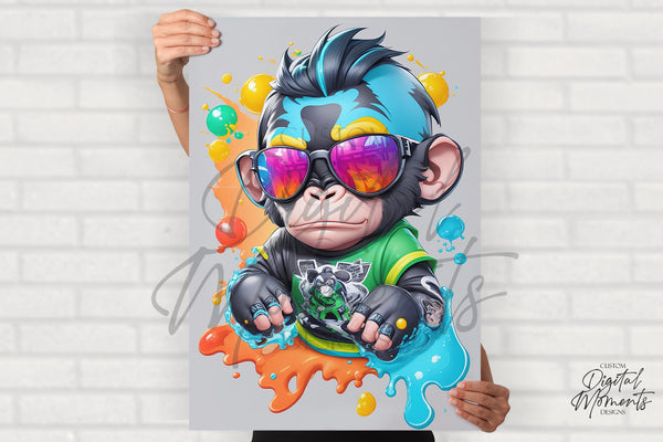 Baby Chimp with sunglasses Poster, Splash Art, Wall Art - INSTANT DOWNLOAD | Digital Download for Events - Instant Digital Download. art, ar…