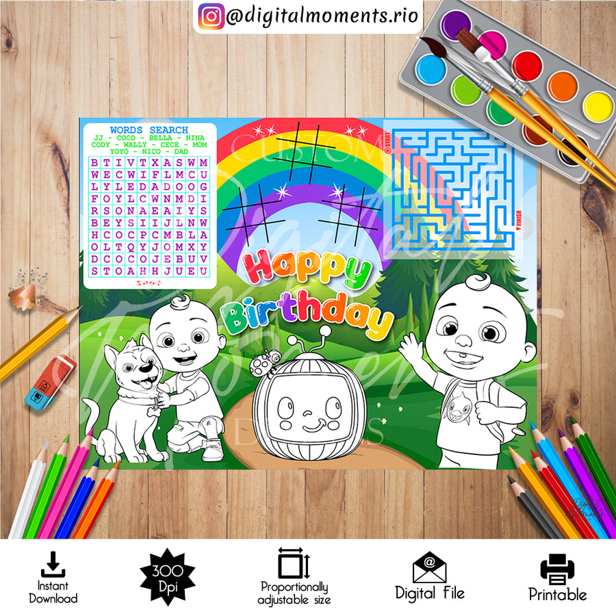 Cocomelon 11"x8.5" Activity Sheet Digital Design, Instant Download | Custom Digital Download for Kids Party or Event