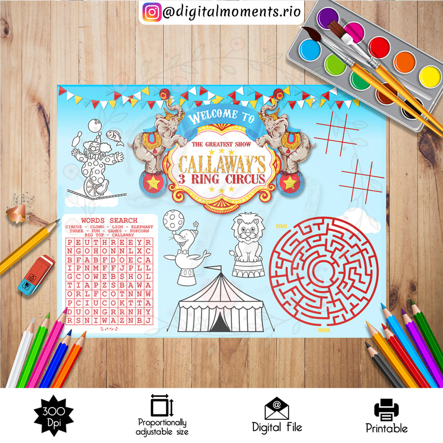 Circus Activity Sheet Custom Design, DIGITAL FILE ONLY | Custom Digital Download for Kids Party or Event
