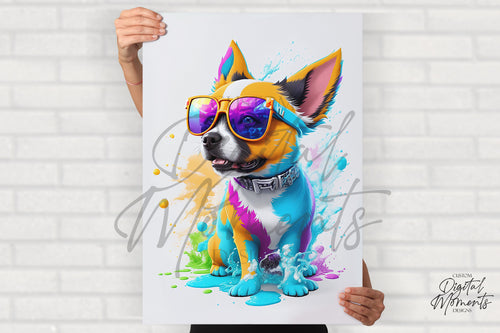 Baby Dog with sunglasses Poster, Splash Art, Wall Art - INSTANT DOWNLOAD