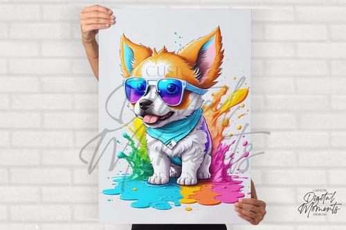 Baby Dog with sunglasses Poster, Splash Art, Wall Art - INSTANT DOWNLOAD