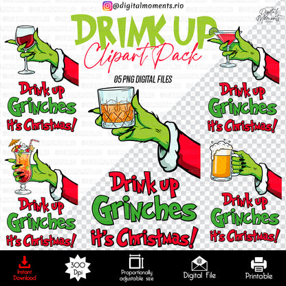 Drink Up Grinches Christmas Clipart Pack – 5 PNG Files, High-Resolution Holiday Drink Graphics, Instant Download