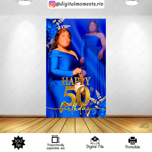 Floral Blue Gold 5x8, events, blue, custom, birthday, gold, backdrop, 5x8