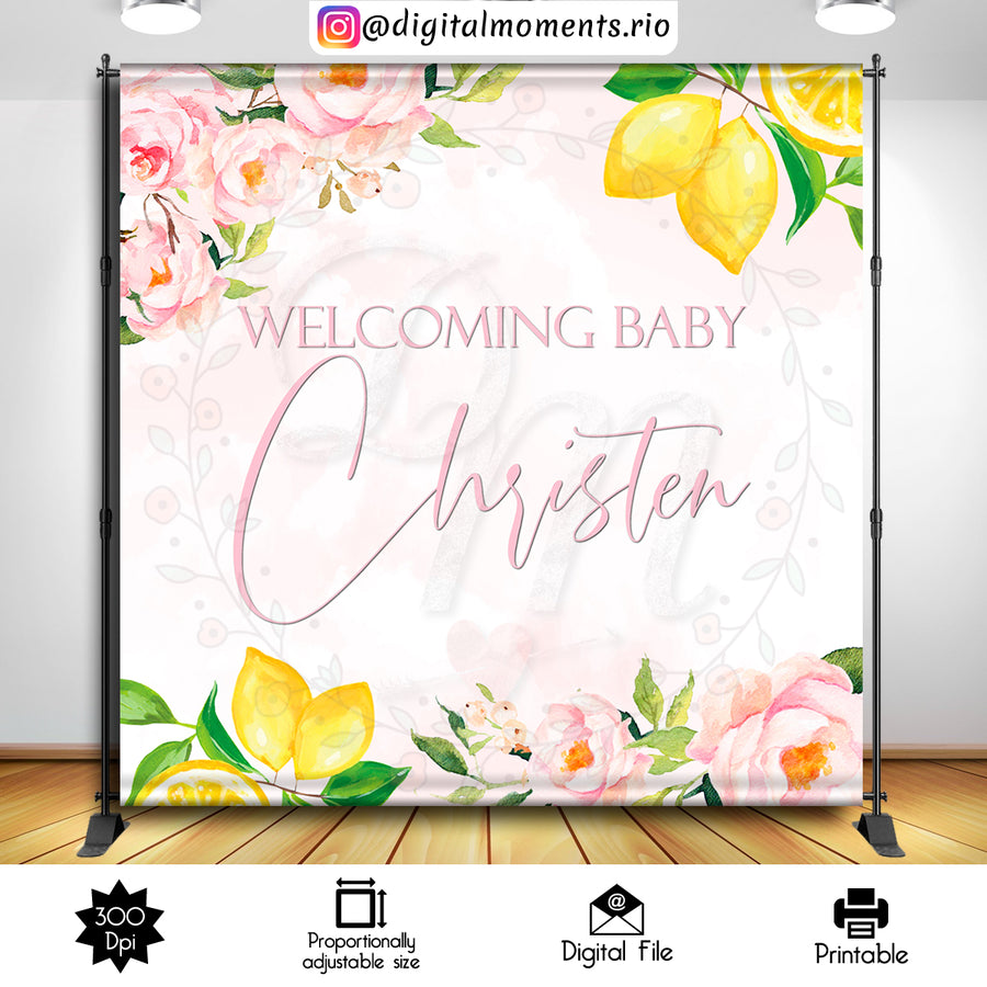 Lemon Pink 8x8 Baby Shower Custom Backdrop, Digital file only | Custom Digital Download for Kids Party or Event