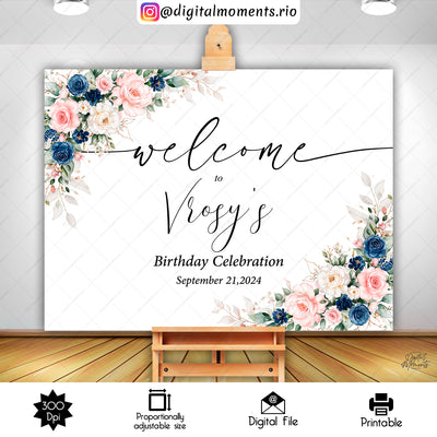 Navy Blush Floral - Welcome Sign - Birthday